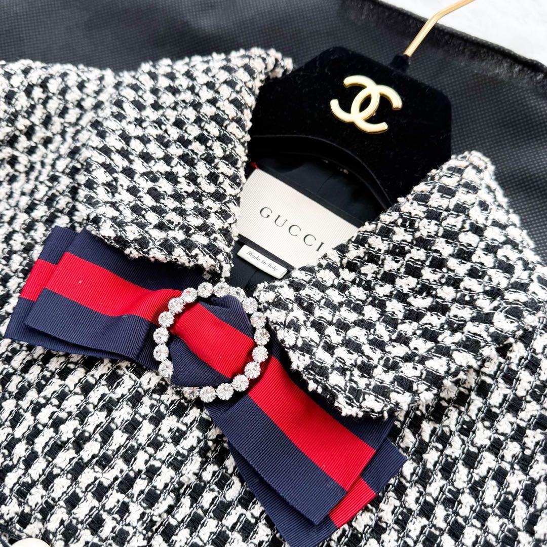 GUCCI ツイードジャケット リボン シェリーライン GGパールボタン 40