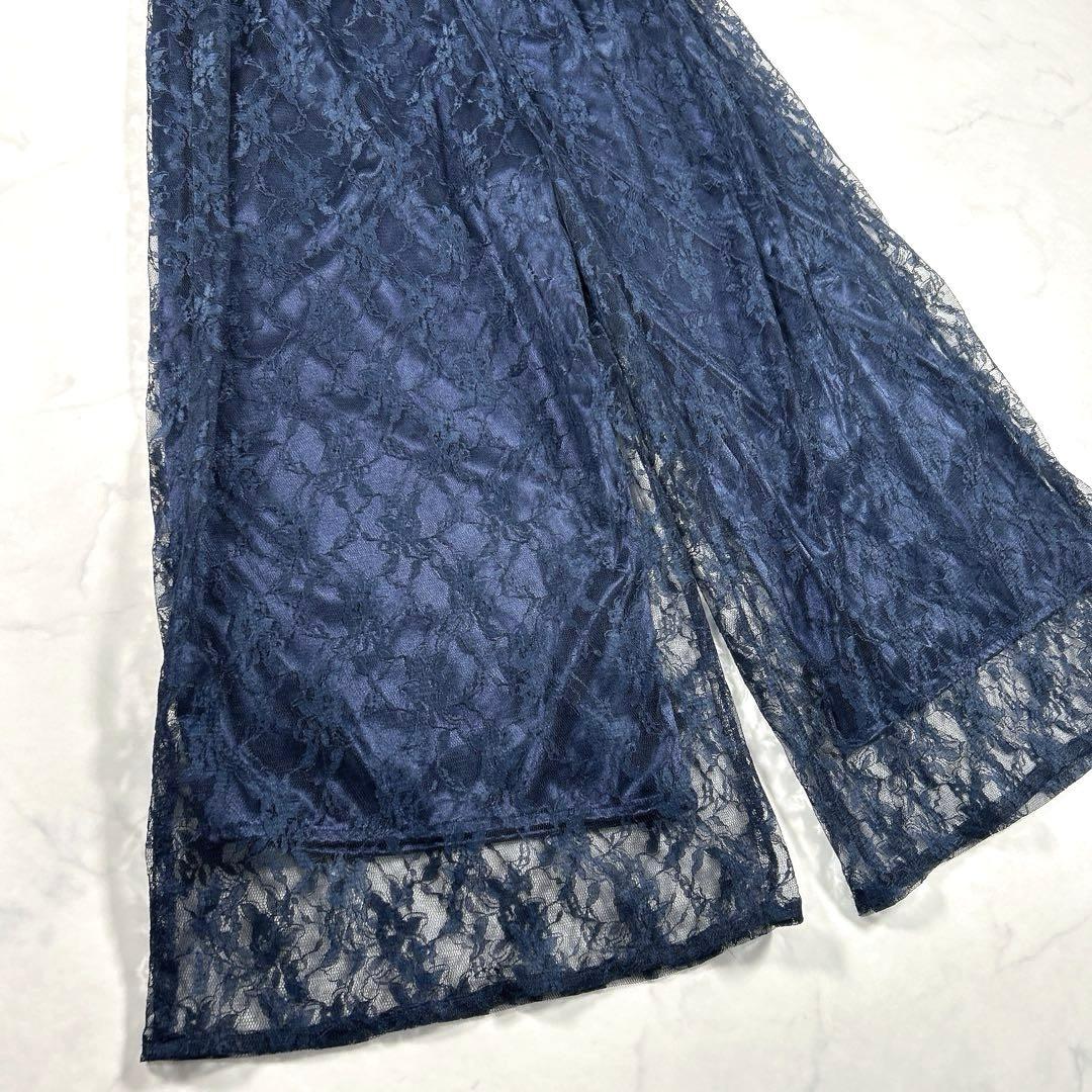 PourVous　ミモレ丈＆七分袖フォーマルパンツレイヤード　ドレス　ネイビー