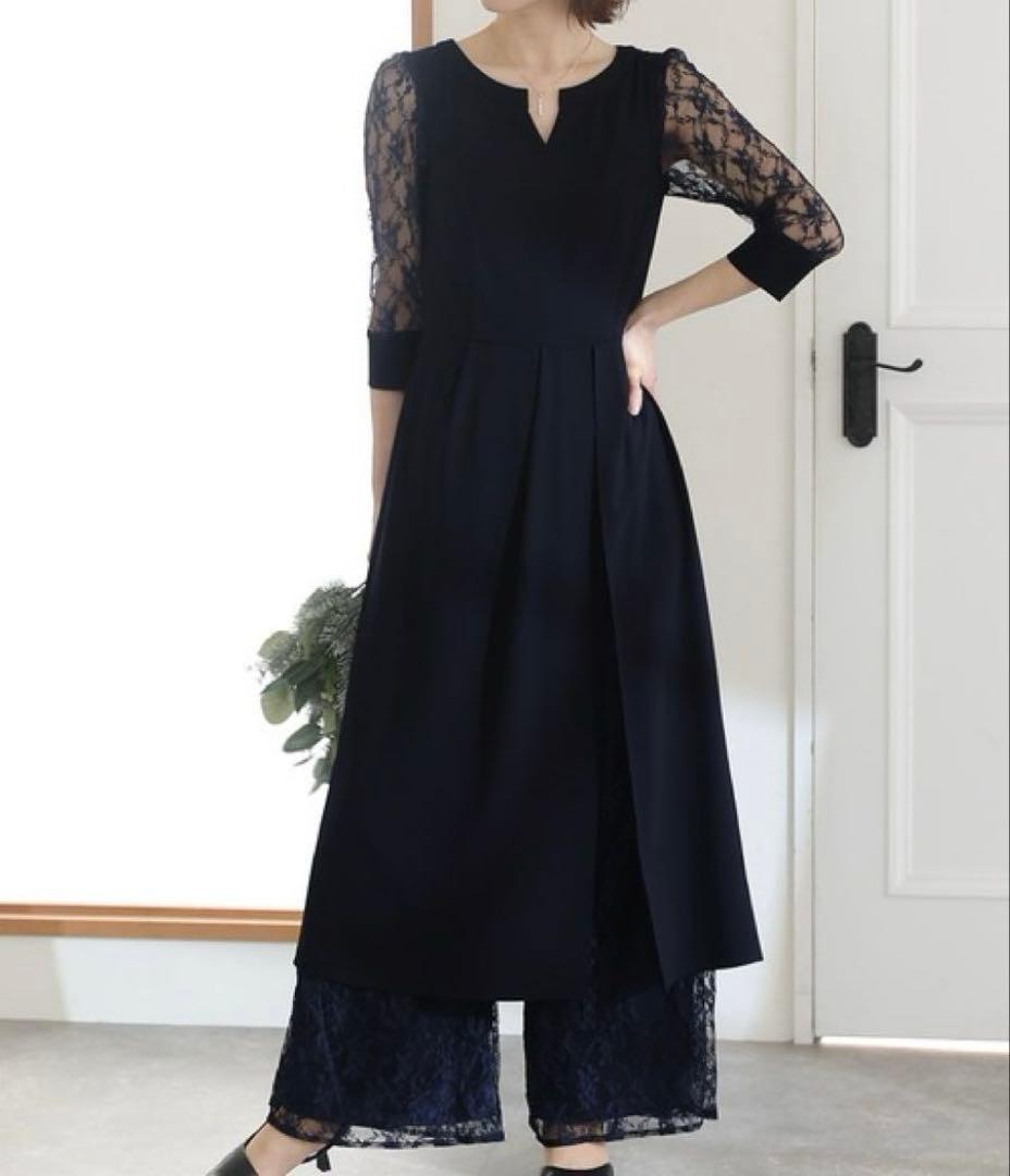 PourVous　ミモレ丈＆七分袖フォーマルパンツレイヤード　ドレス　ネイビー