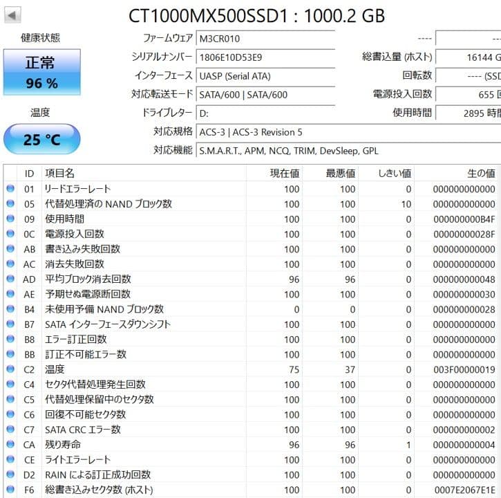 【動作良好】Crucial MX500 1TB 2.5インチ SSD