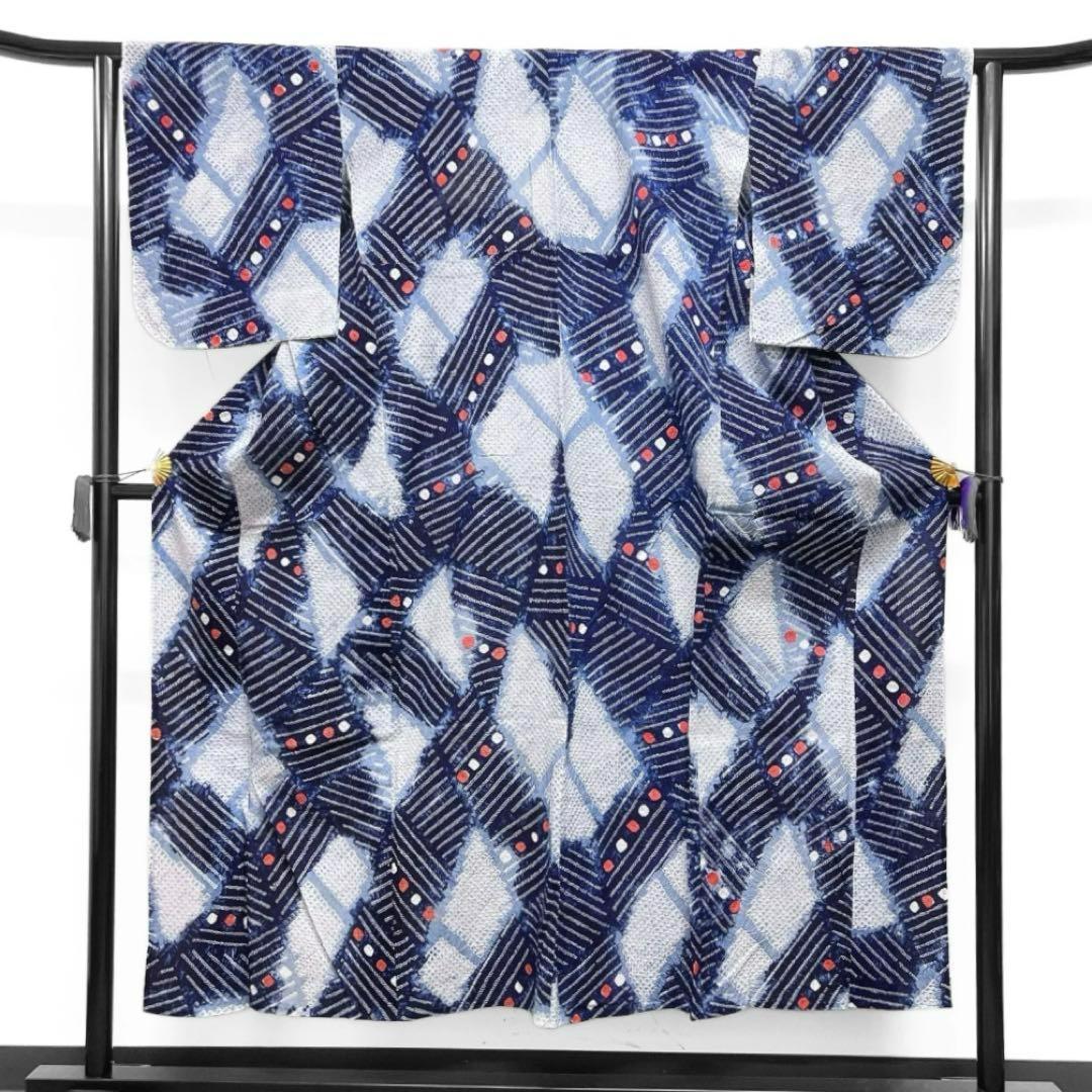 浴衣　有松鳴海絞り　ドット　変わり菱　縞模様　ブルー系着物　054w d