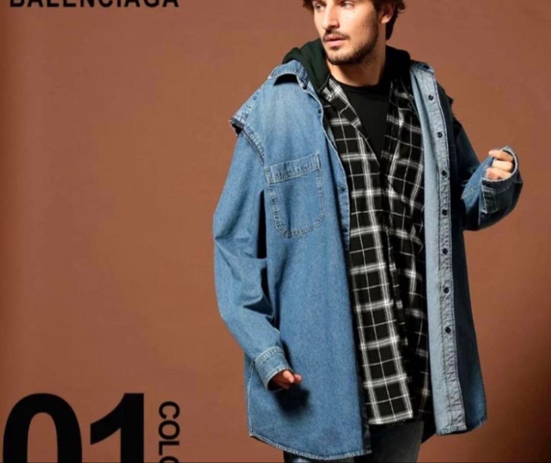 BALENCIAGAバレンシアガツインセット レイヤードデニム切替チェックシャツ