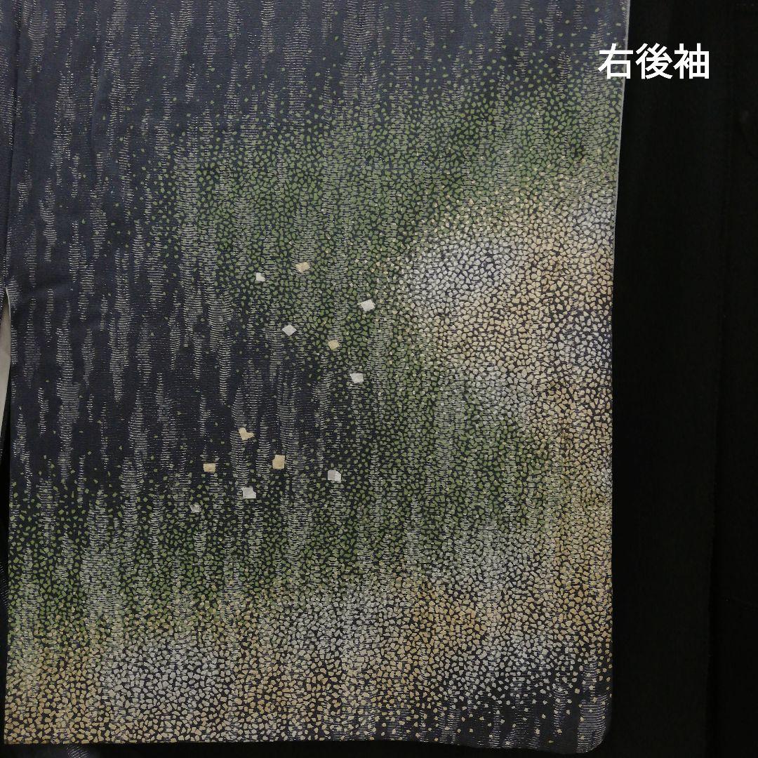 しゃれ訪問着(袷)　(銀通し銀河紋様　オーロラ風　墨黒色系　落款　小サイズ)