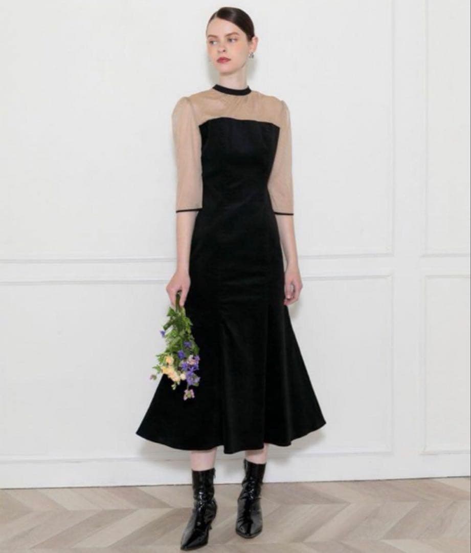 LEJA バックリボンシアー切り替え ベロアマーメイドフレアドレス