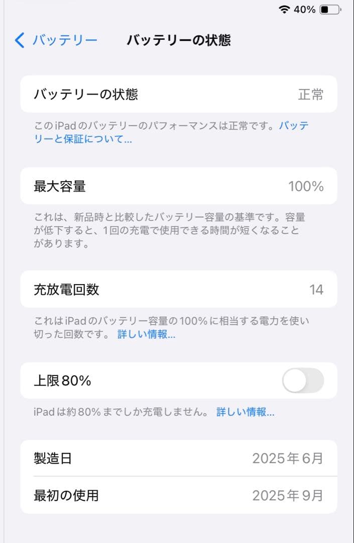 iPad mini 第7世代 256GB Wi-Fi バッテリー容量100%