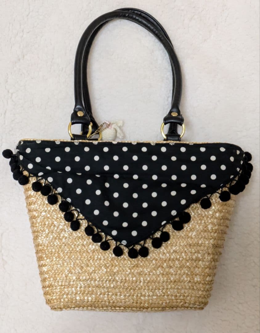 Angelic Pretty かごバッグ 黒 白水玉 編みぐるみ付き