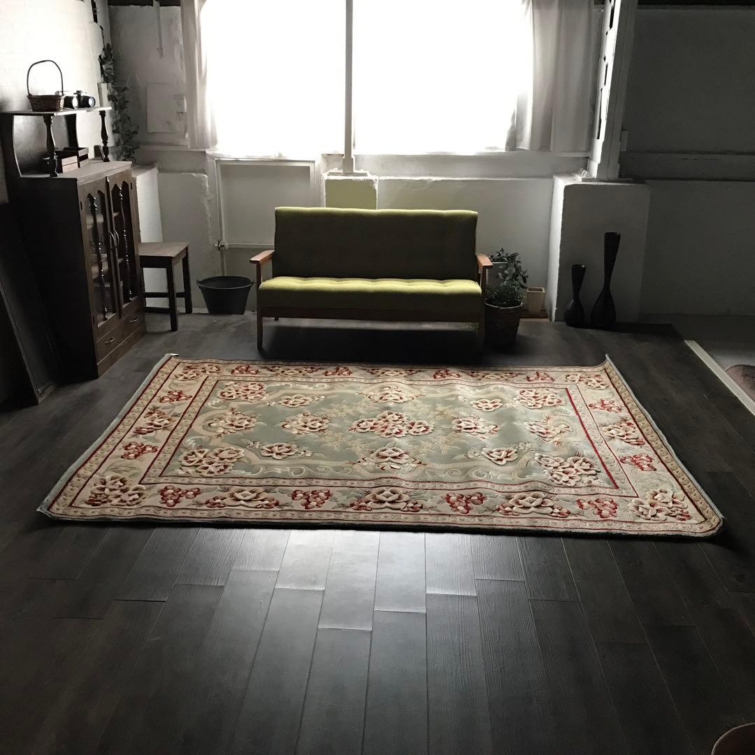 花柄 和風 ラグ ラグマット 段通 絨毯170×240cm グリーン