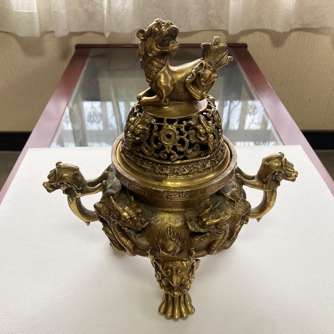 大明宣徳年鋳 香炉 銅製⁇ 真鍮⁇ 獅子 龍 工芸品 美術 大型 置物 レトロ