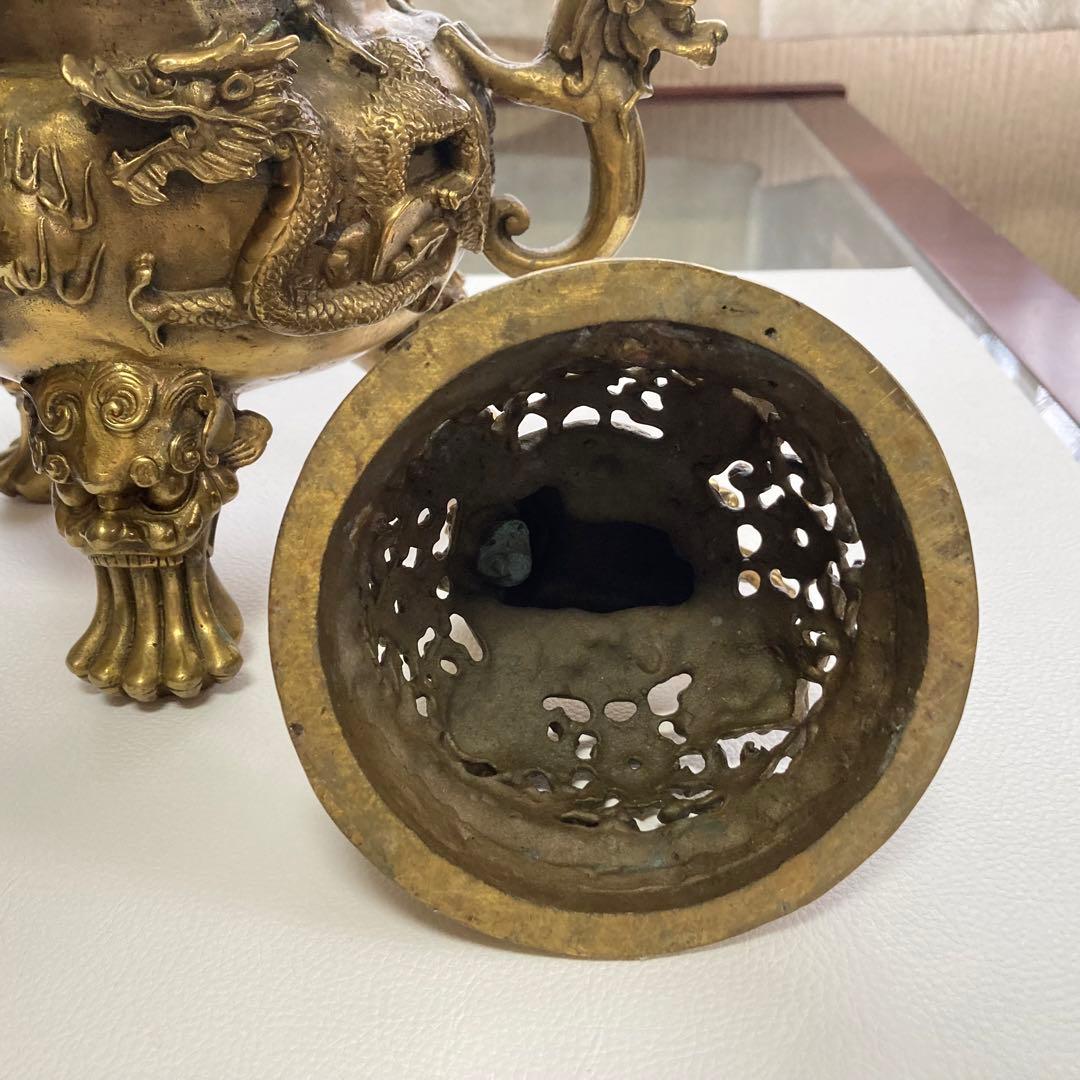 大明宣徳年鋳 香炉 銅製⁇ 真鍮⁇ 獅子 龍 工芸品 美術 大型 置物 レトロ