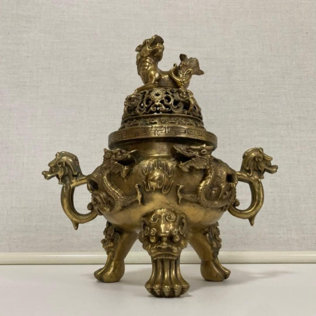 大明宣徳年鋳 香炉 銅製⁇ 真鍮⁇ 獅子 龍 工芸品 美術 大型 置物 レトロ