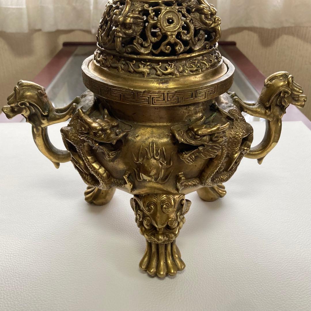 大明宣徳年鋳 香炉 銅製⁇ 真鍮⁇ 獅子 龍 工芸品 美術 大型 置物 レトロ