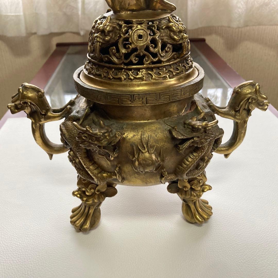 大明宣徳年鋳 香炉 銅製⁇ 真鍮⁇ 獅子 龍 工芸品 美術 大型 置物 レトロ