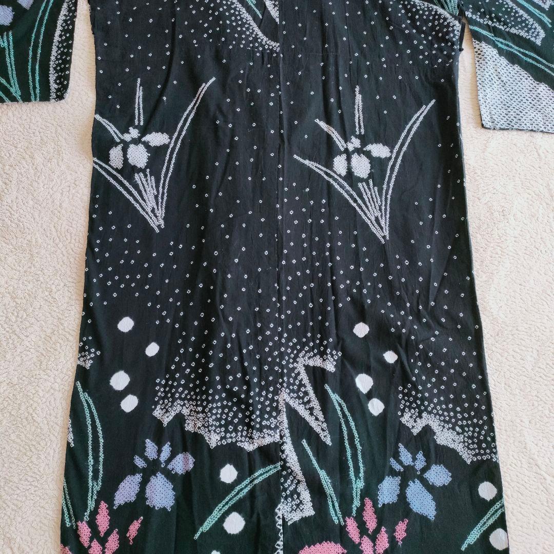 【手絞り浴衣】黒地 花柄 有松絞り 綿素材 レトロモダン