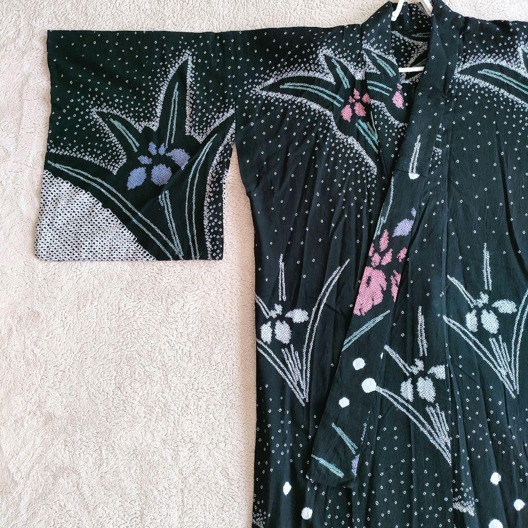 【手絞り浴衣】黒地 花柄 有松絞り 綿素材 レトロモダン