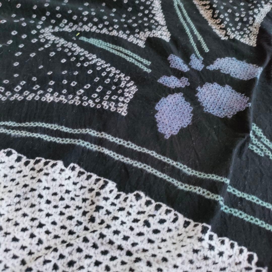 【手絞り浴衣】黒地 花柄 有松絞り 綿素材 レトロモダン