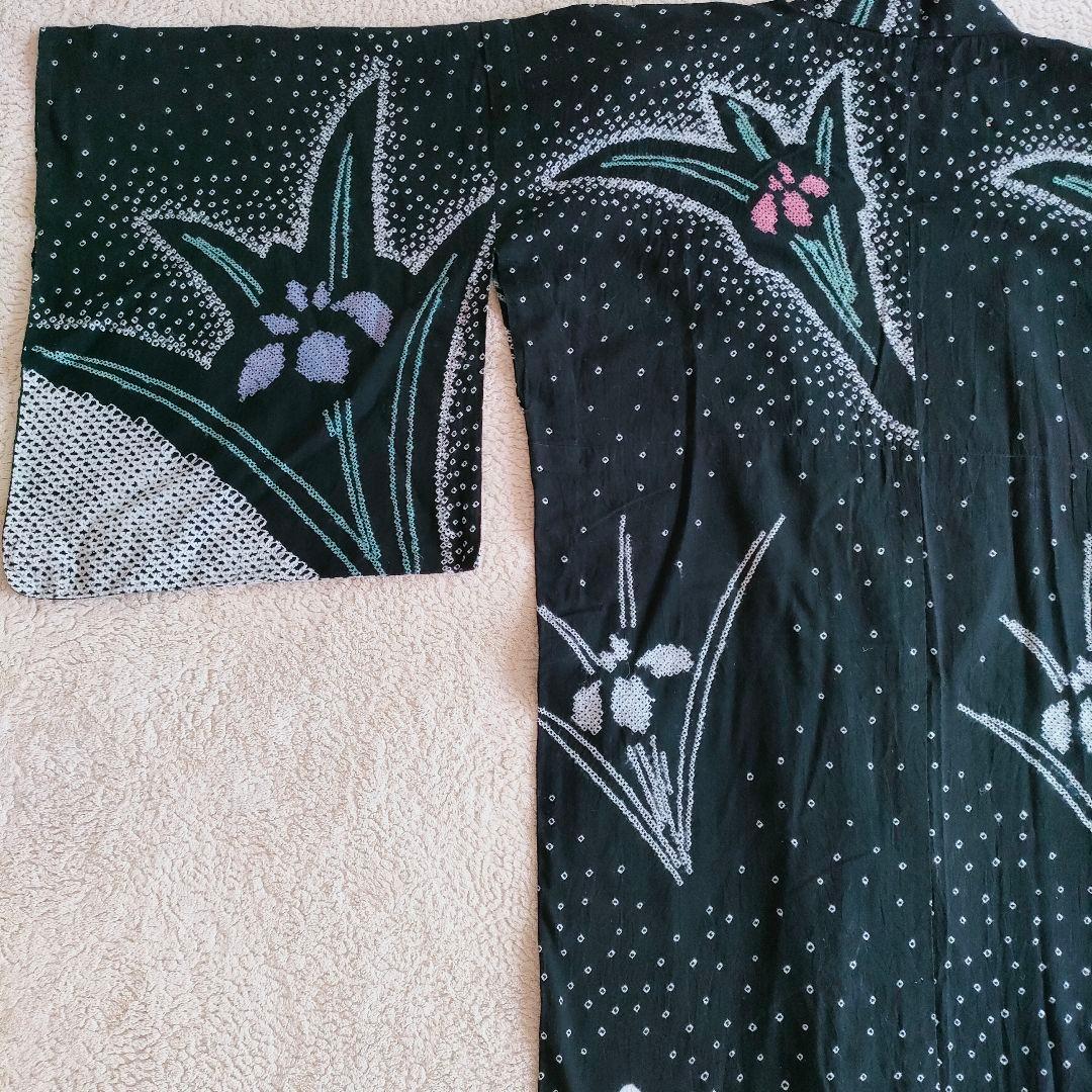 【手絞り浴衣】黒地 花柄 有松絞り 綿素材 レトロモダン