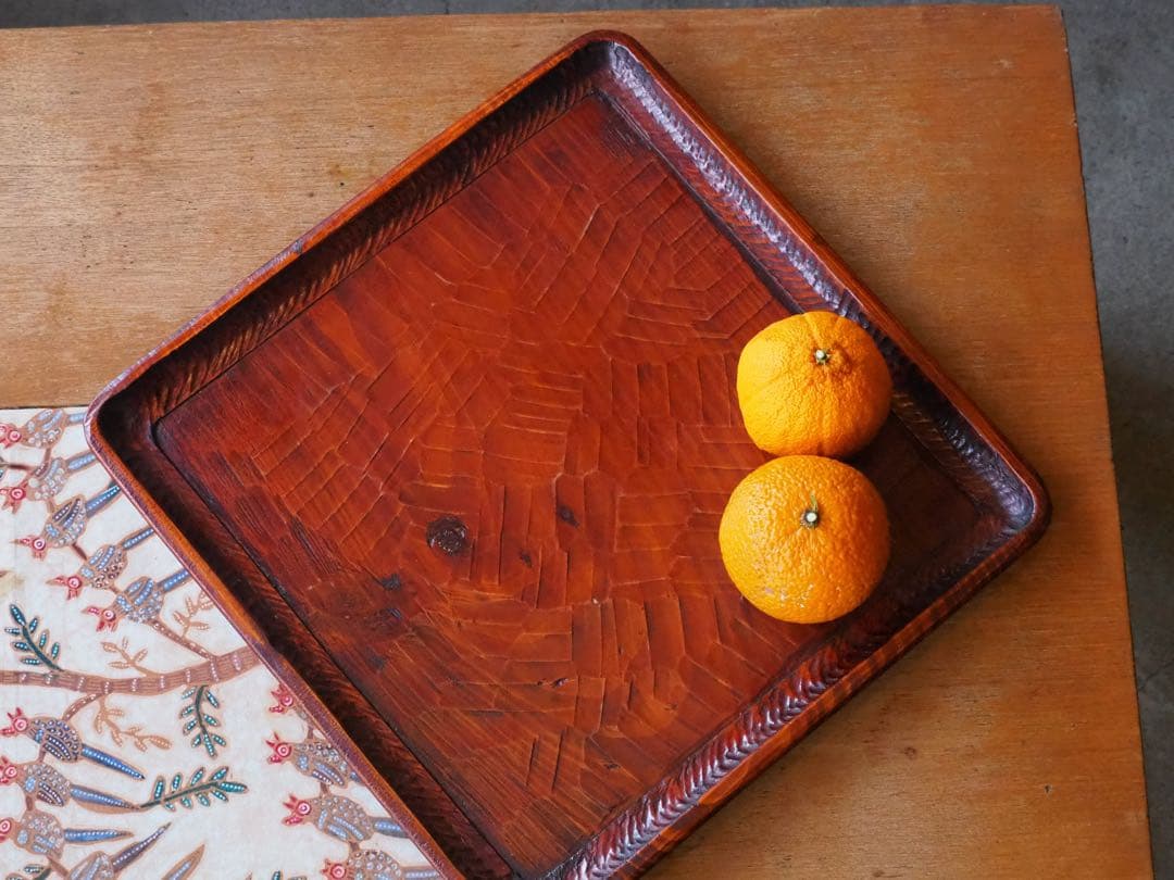 讃岐盆　超美品　木製彫刻模様入り　正方形　お盆　トレー5枚セット