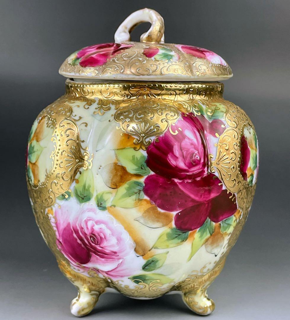 【訳あり】オールドニッポン バラ紋 ビスケットジャー クッキージャー 金盛り