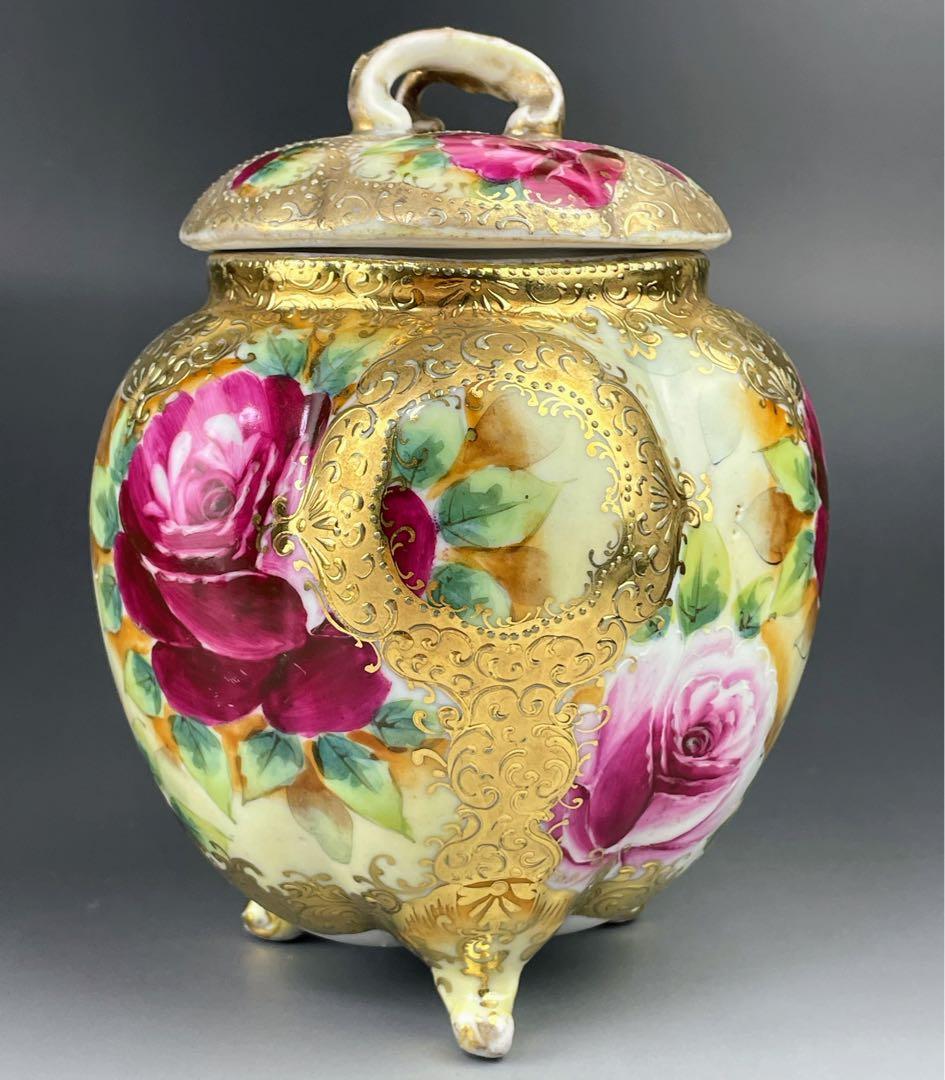 【訳あり】オールドニッポン バラ紋 ビスケットジャー クッキージャー 金盛り