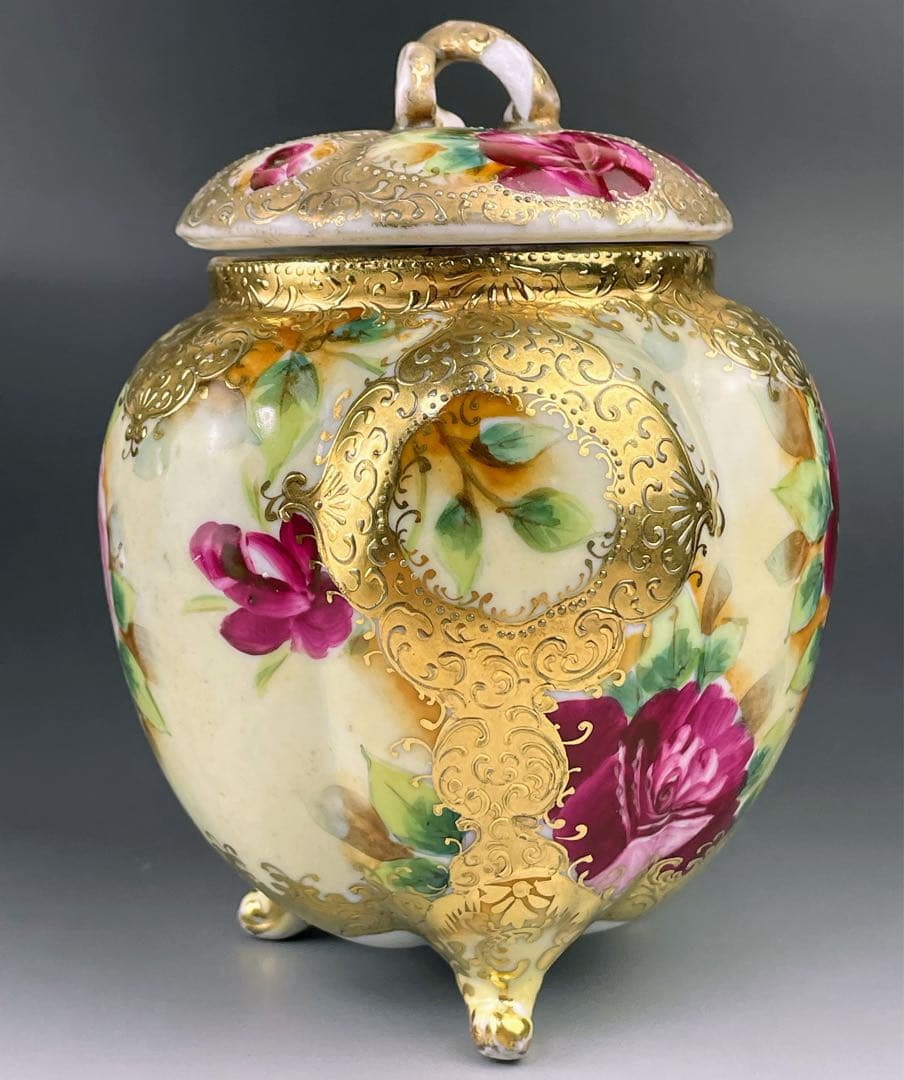 【訳あり】オールドニッポン バラ紋 ビスケットジャー クッキージャー 金盛り