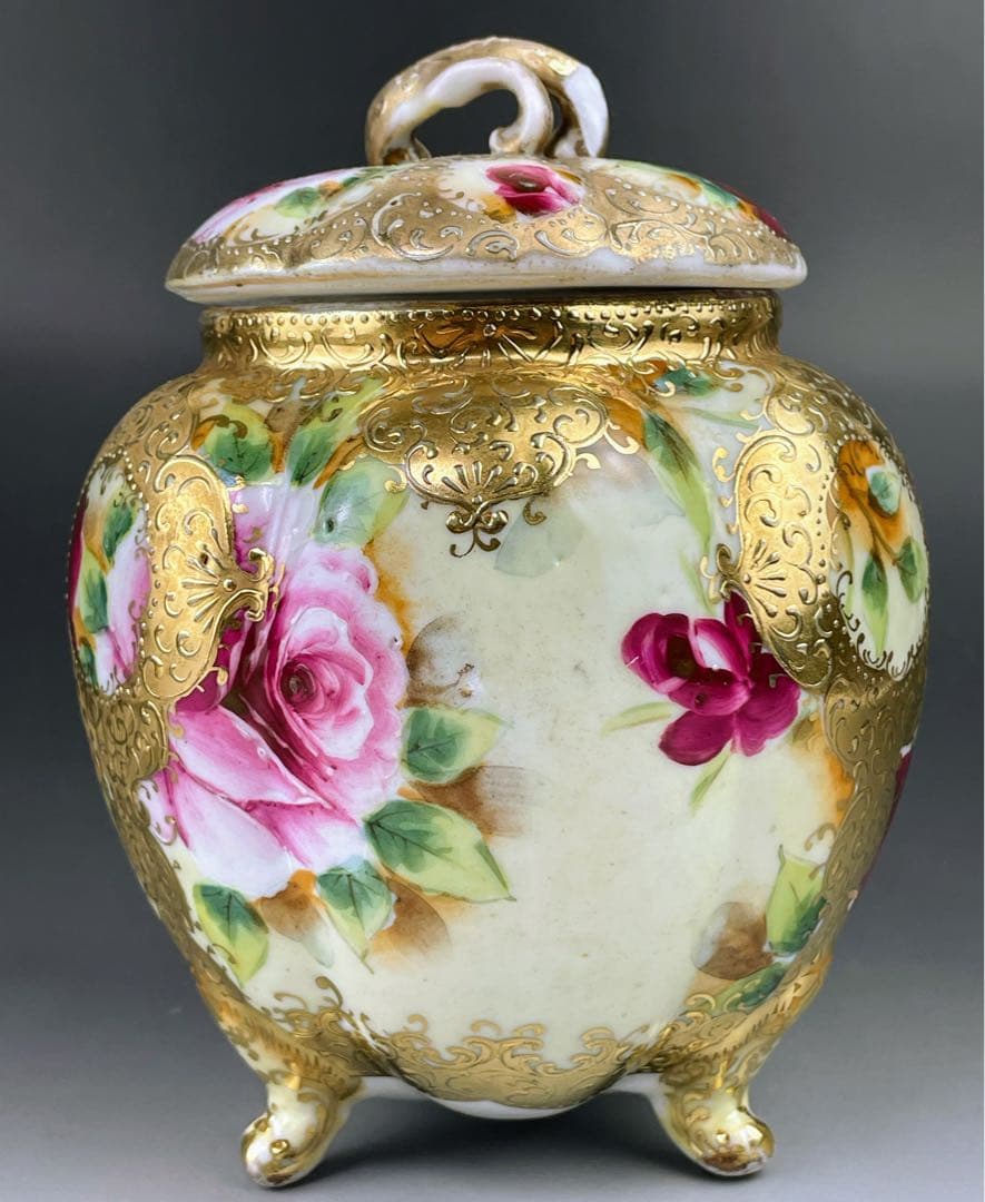 【訳あり】オールドニッポン バラ紋 ビスケットジャー クッキージャー 金盛り