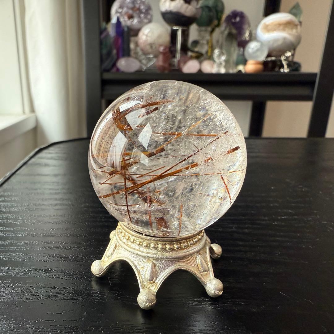 天然石ルチルクォーツのスフィア　丸玉　置物NO.010606