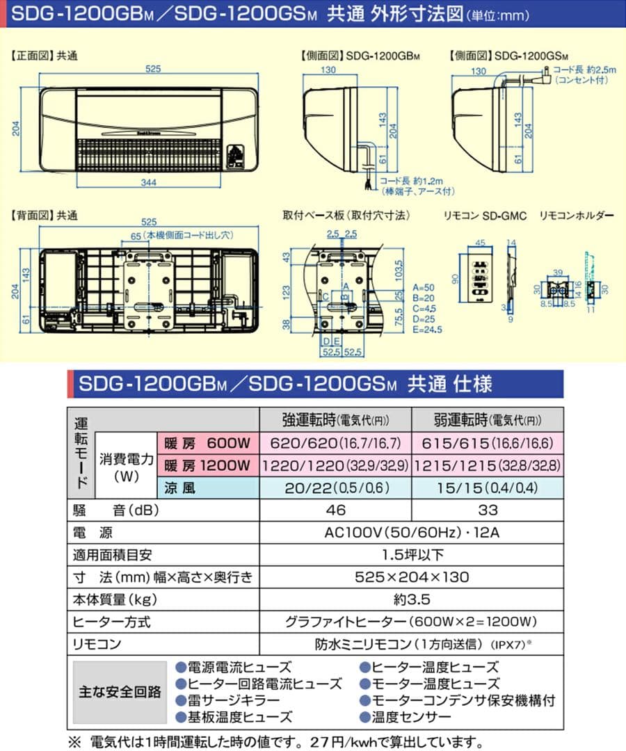 高須産業 人感センサー付　壁掛け式遠赤外線ヒーター 　SDG-1200GSM