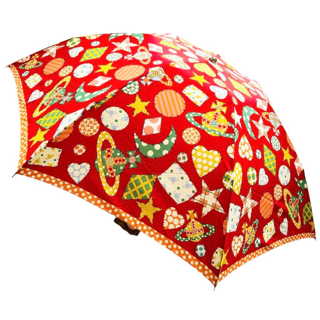 美品軽量ヴィヴィアンウエストウッド折りたたみ傘オーブ柄レッド総柄