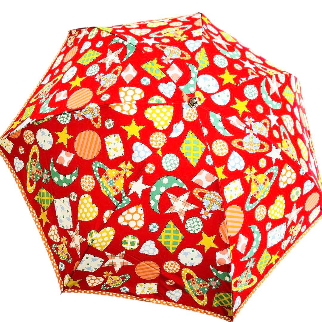 美品軽量ヴィヴィアンウエストウッド折りたたみ傘オーブ柄レッド総柄