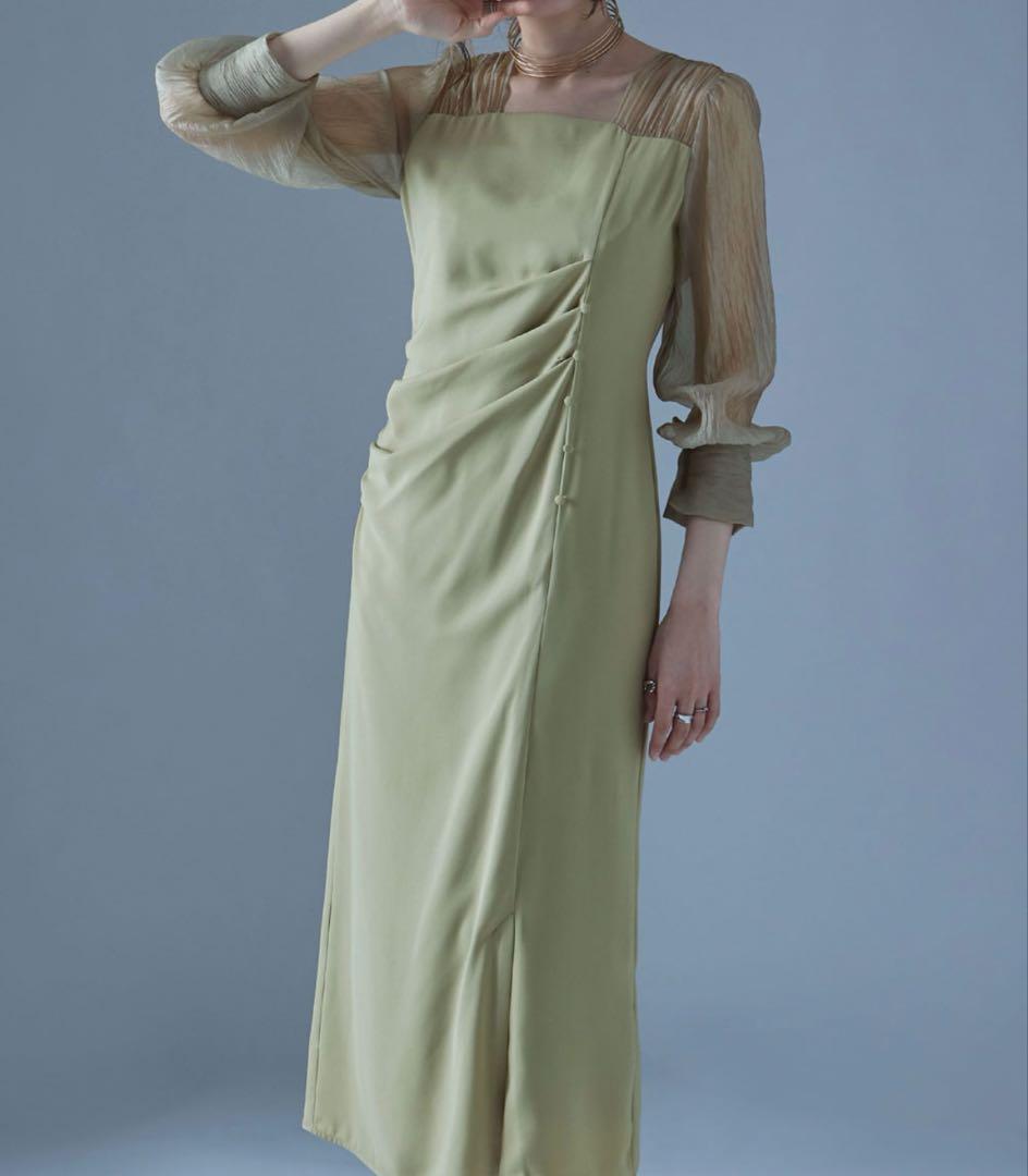 etoll ドレープデザインIラインドレス グリーン　長袖 結婚式