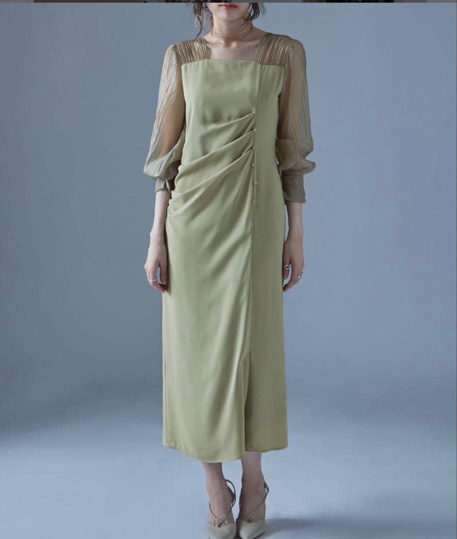etoll ドレープデザインIラインドレス グリーン　長袖 結婚式