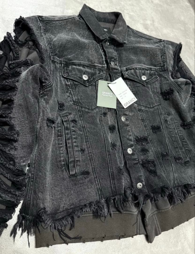 【GRANCY】スウェットドッキングデザインダメージデニムジャケット