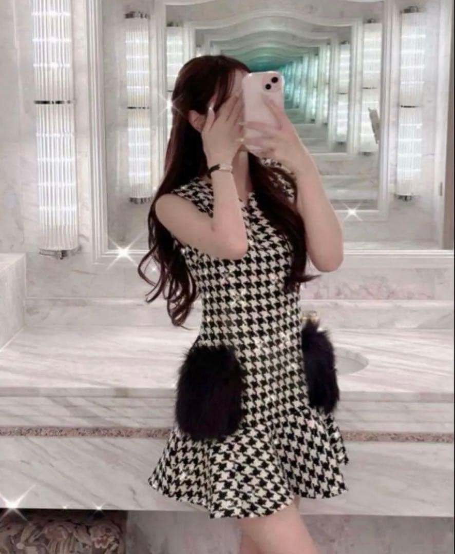 ルミニョン　Lumignon 千鳥柄　ポケット　ファー　ワンピース