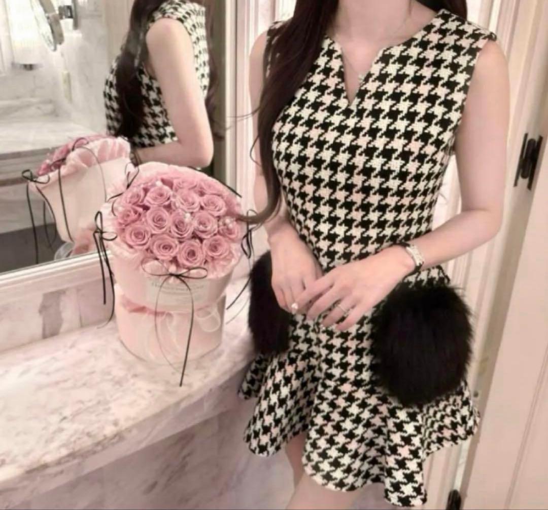 ルミニョン　Lumignon 千鳥柄　ポケット　ファー　ワンピース