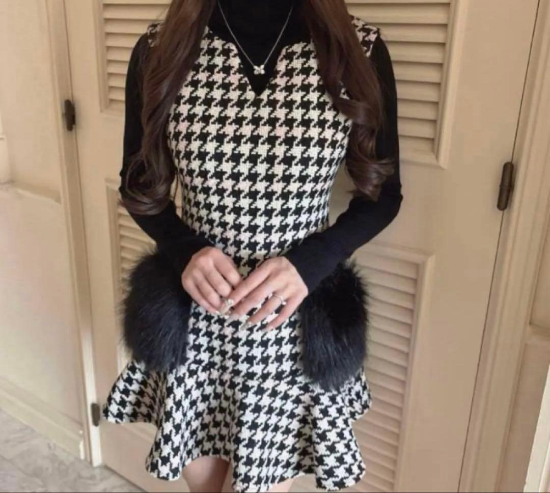 ルミニョン　Lumignon 千鳥柄　ポケット　ファー　ワンピース