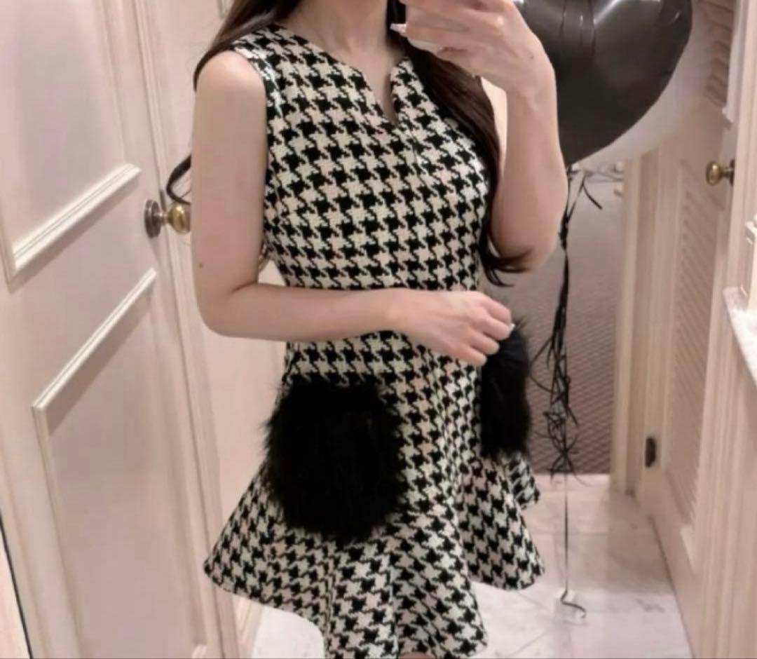 ルミニョン　Lumignon 千鳥柄　ポケット　ファー　ワンピース