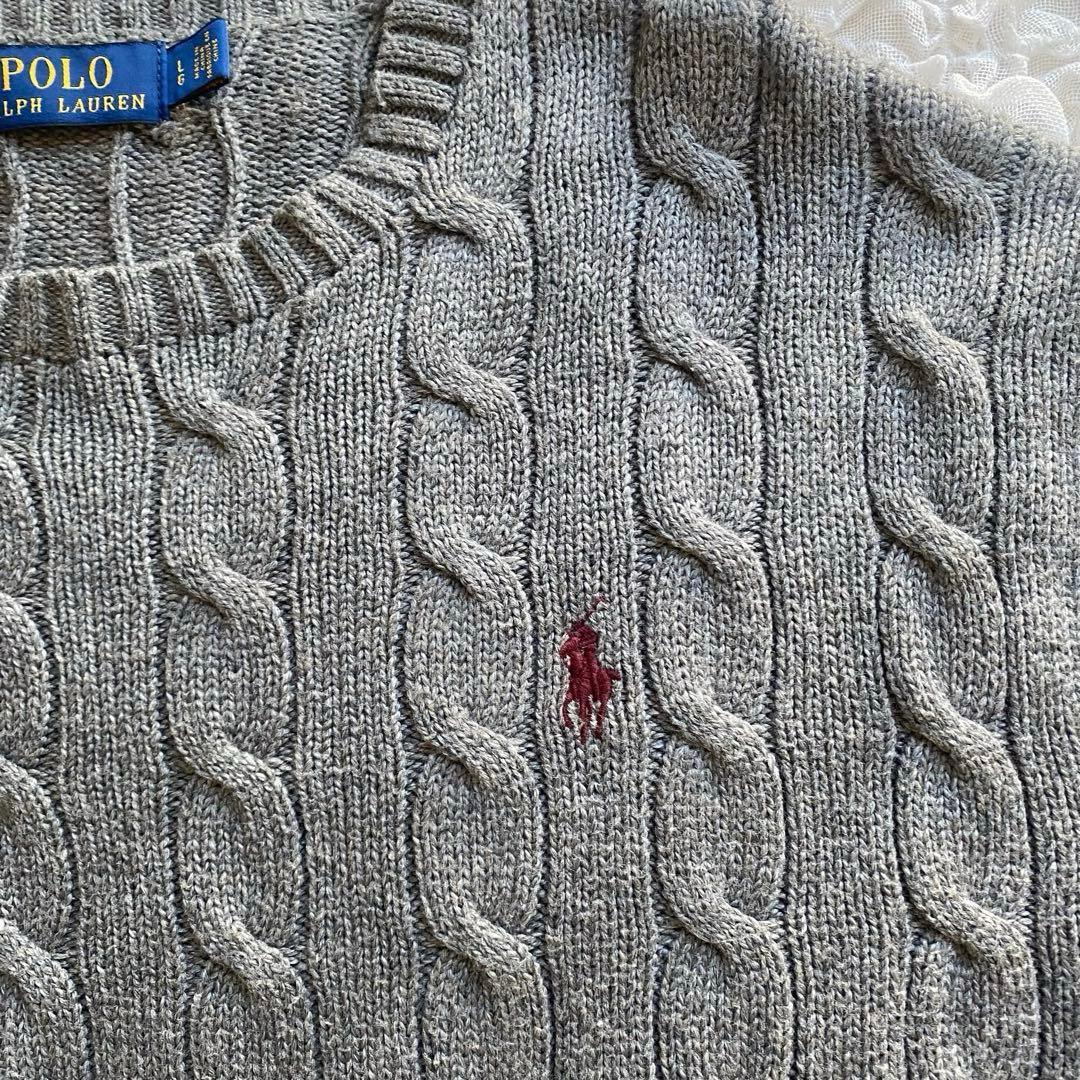 POLO RALPH LAUREN ケーブルニット グレー ロゴ刺繍 綿100％