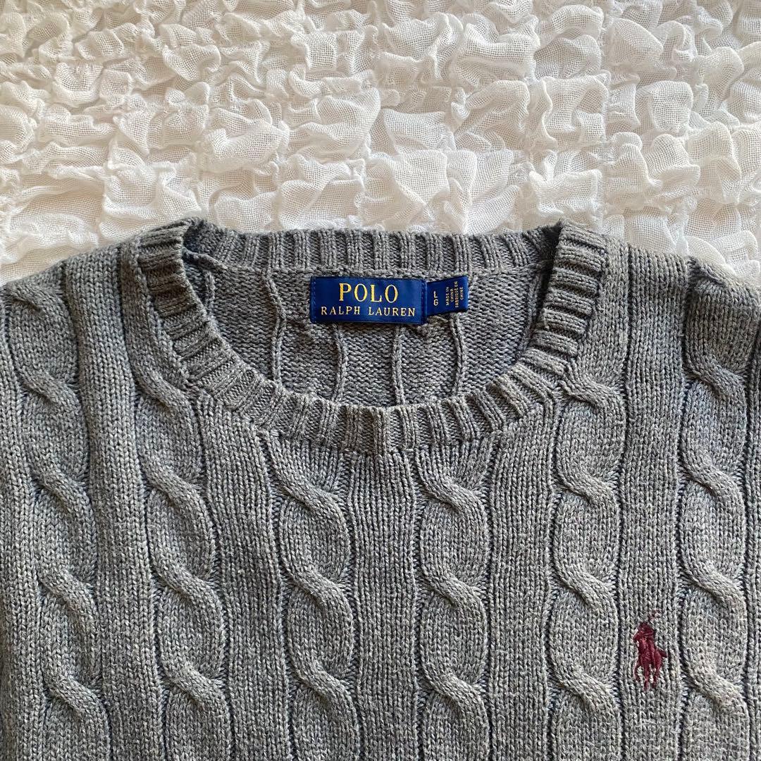 POLO RALPH LAUREN ケーブルニット グレー ロゴ刺繍 綿100％