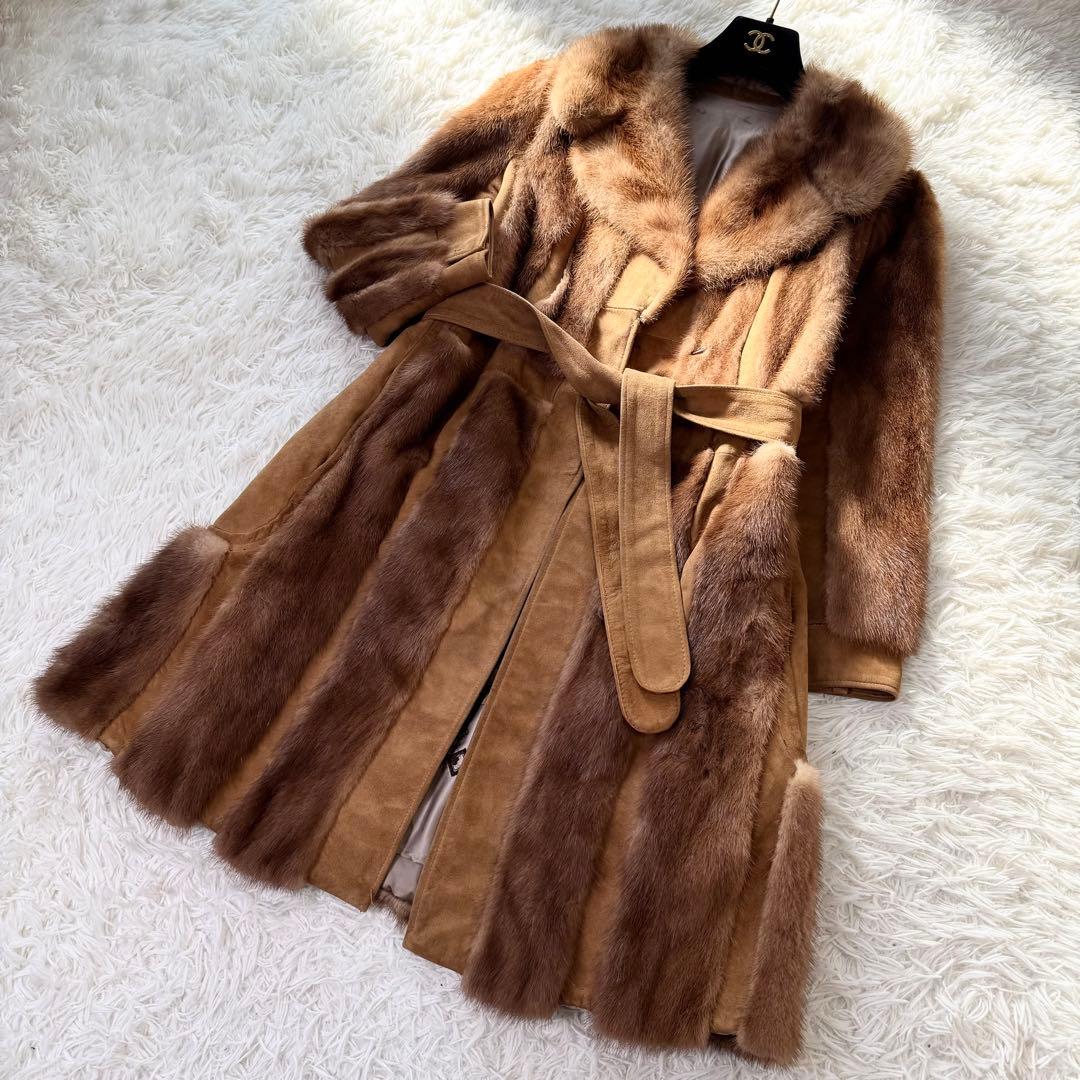 デミバフミンク×ラムレザー　ロングコート　ベルト　パステル　毛並み◎ 本毛皮