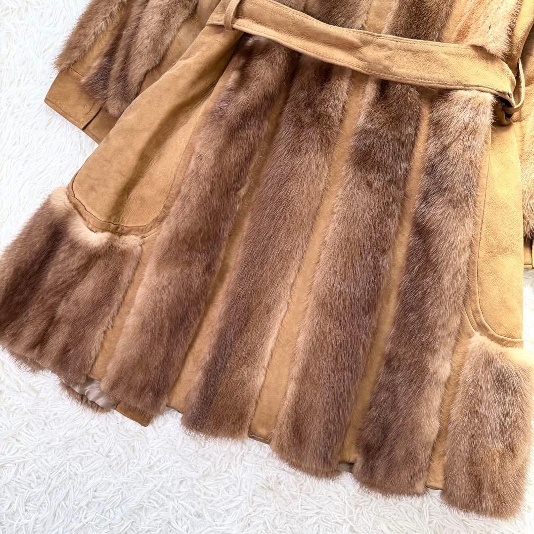 デミバフミンク×ラムレザー　ロングコート　ベルト　パステル　毛並み◎ 本毛皮