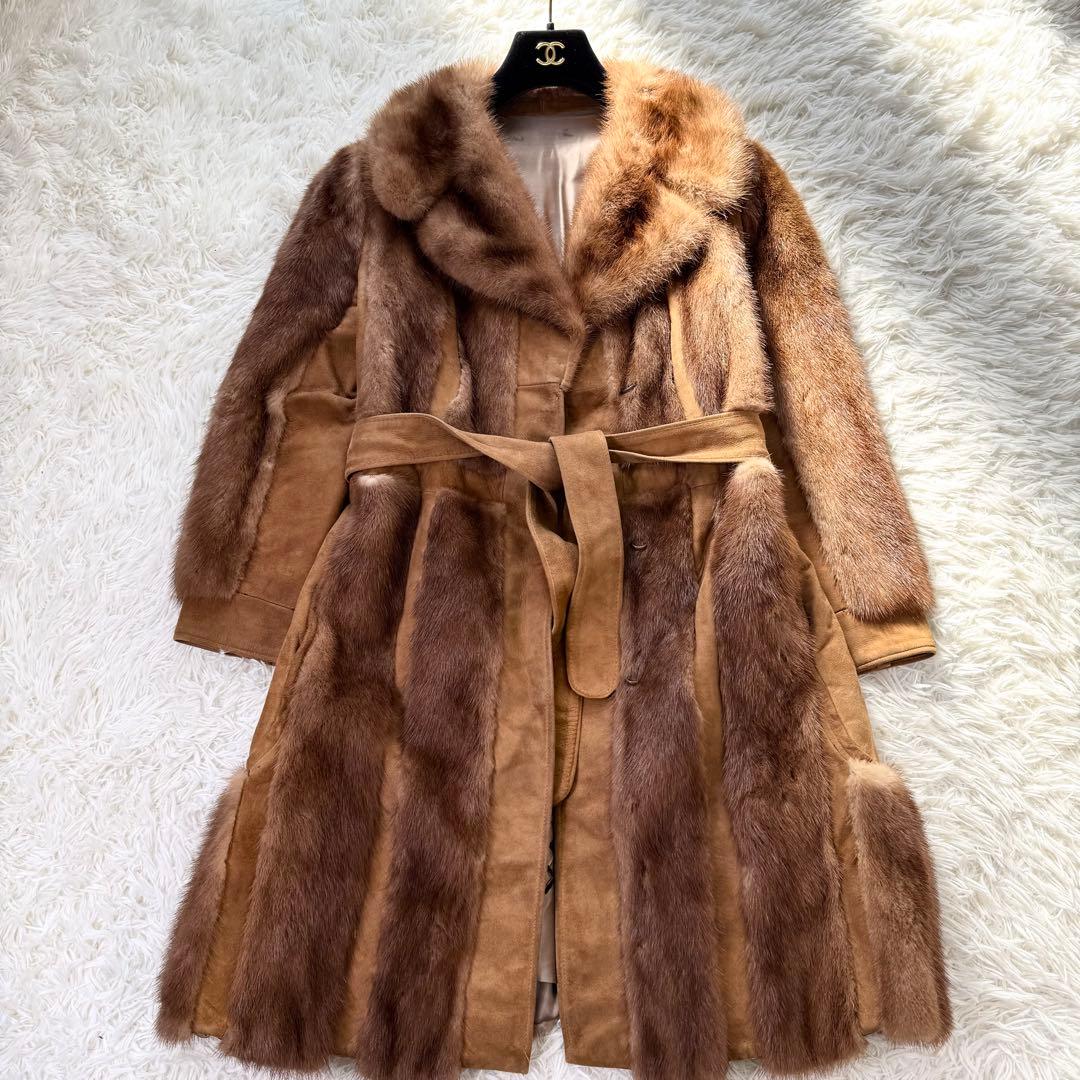 デミバフミンク×ラムレザー　ロングコート　ベルト　パステル　毛並み◎ 本毛皮