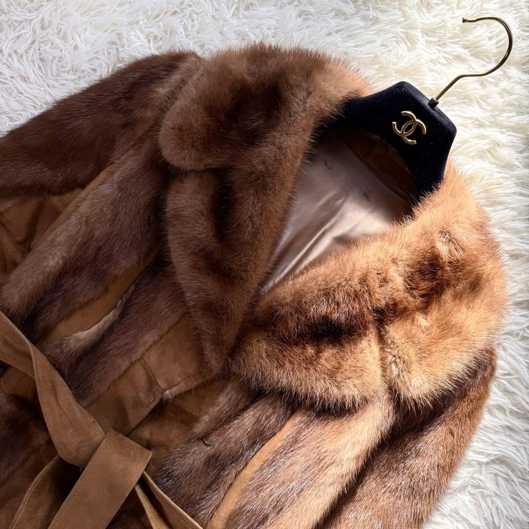 デミバフミンク×ラムレザー　ロングコート　ベルト　パステル　毛並み◎ 本毛皮