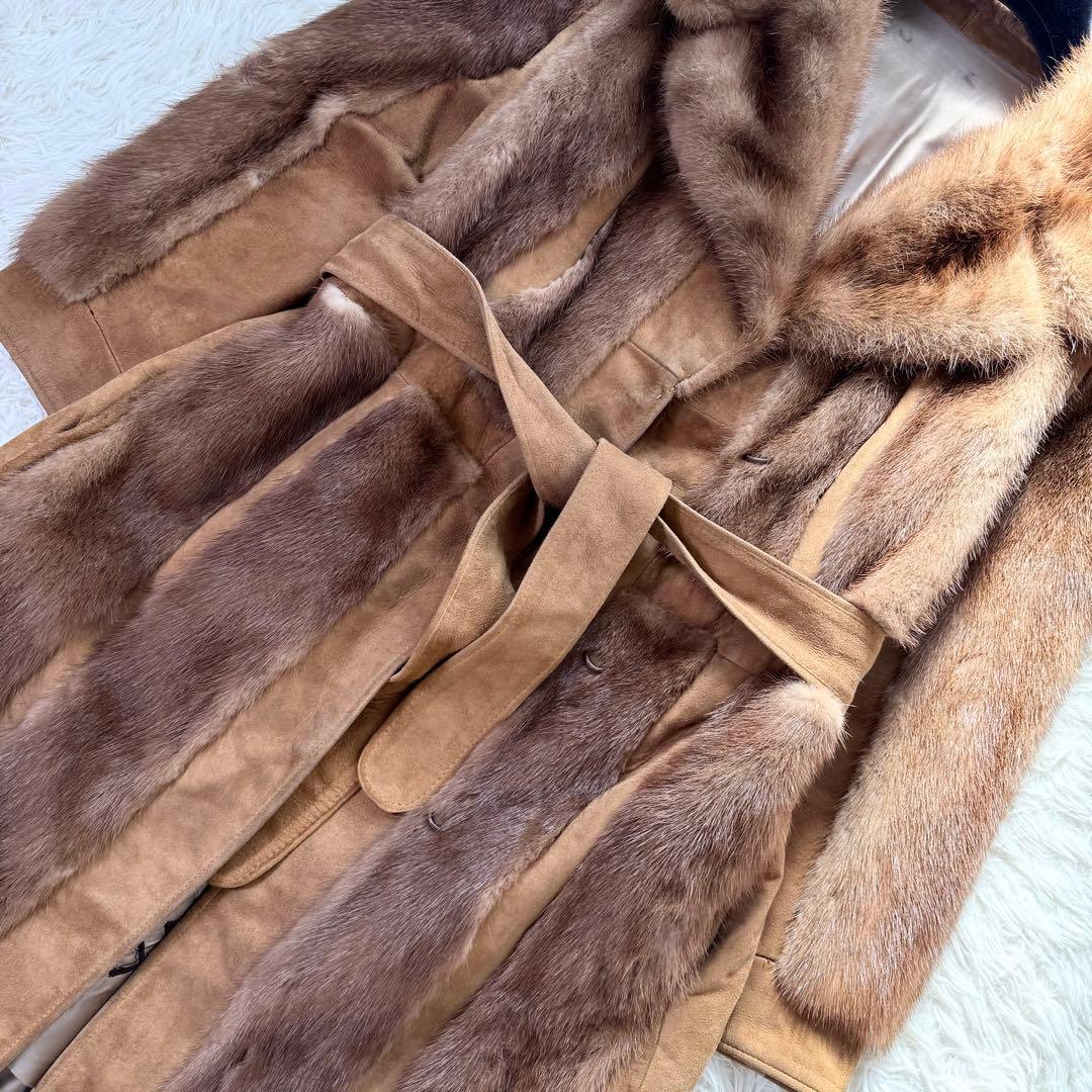 デミバフミンク×ラムレザー　ロングコート　ベルト　パステル　毛並み◎ 本毛皮