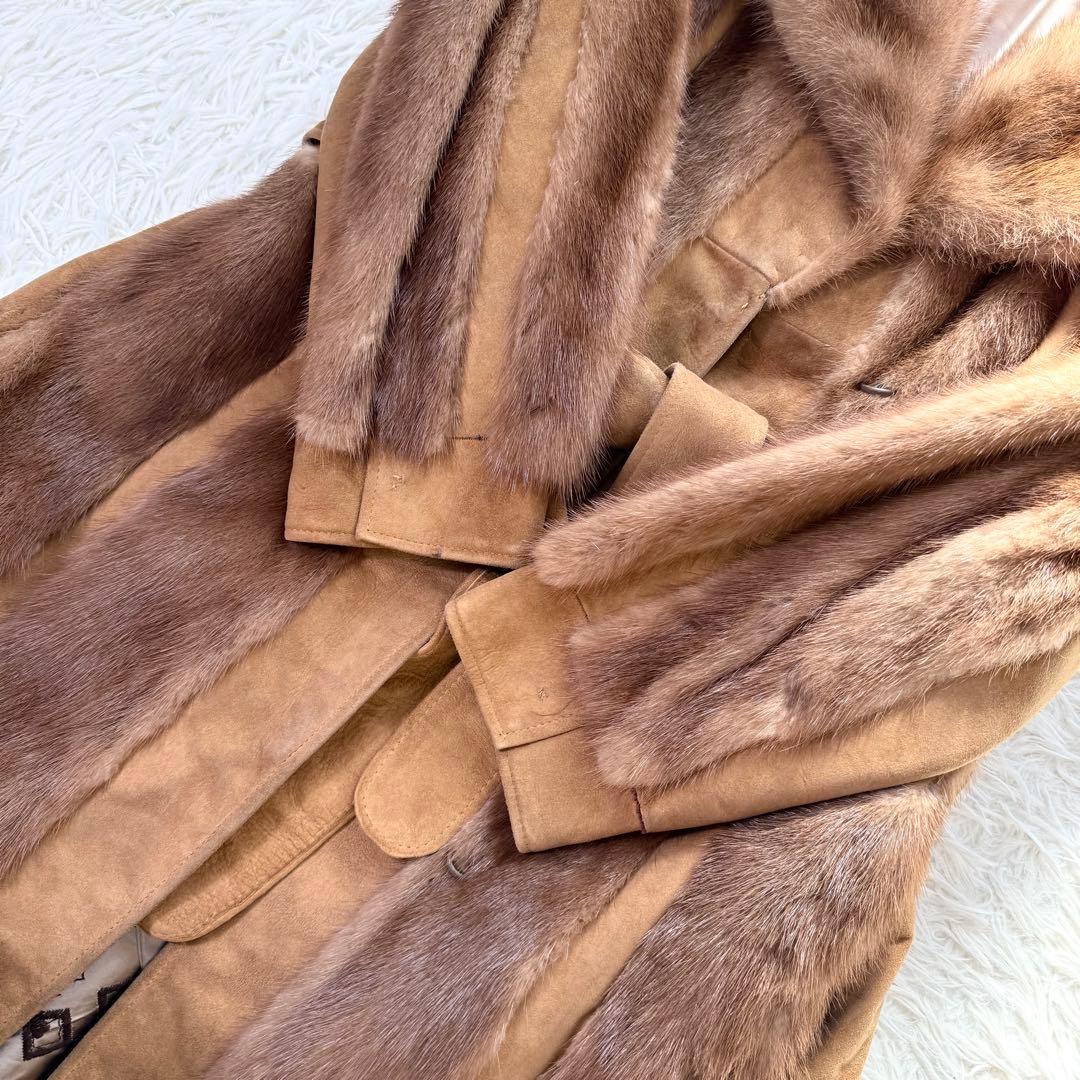 デミバフミンク×ラムレザー　ロングコート　ベルト　パステル　毛並み◎ 本毛皮