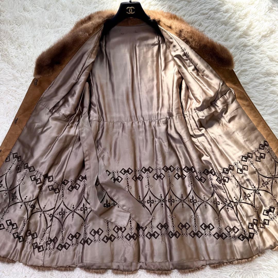 デミバフミンク×ラムレザー　ロングコート　ベルト　パステル　毛並み◎ 本毛皮