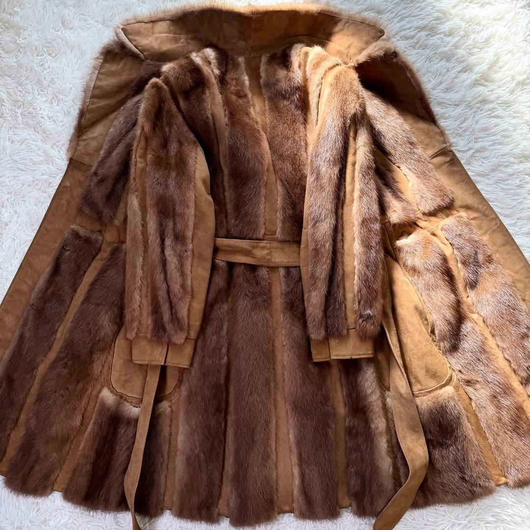 デミバフミンク×ラムレザー　ロングコート　ベルト　パステル　毛並み◎ 本毛皮