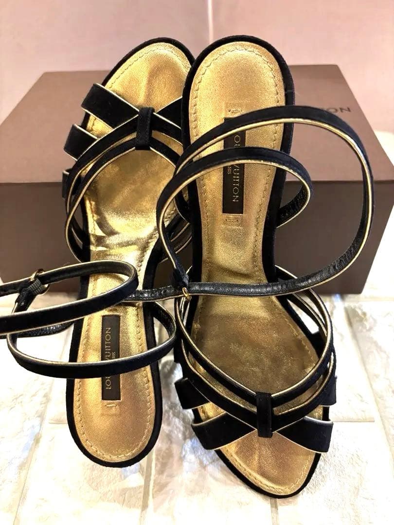 #ルイヴィトンエレガント ブラック スエードストラップヒールサンダル#38