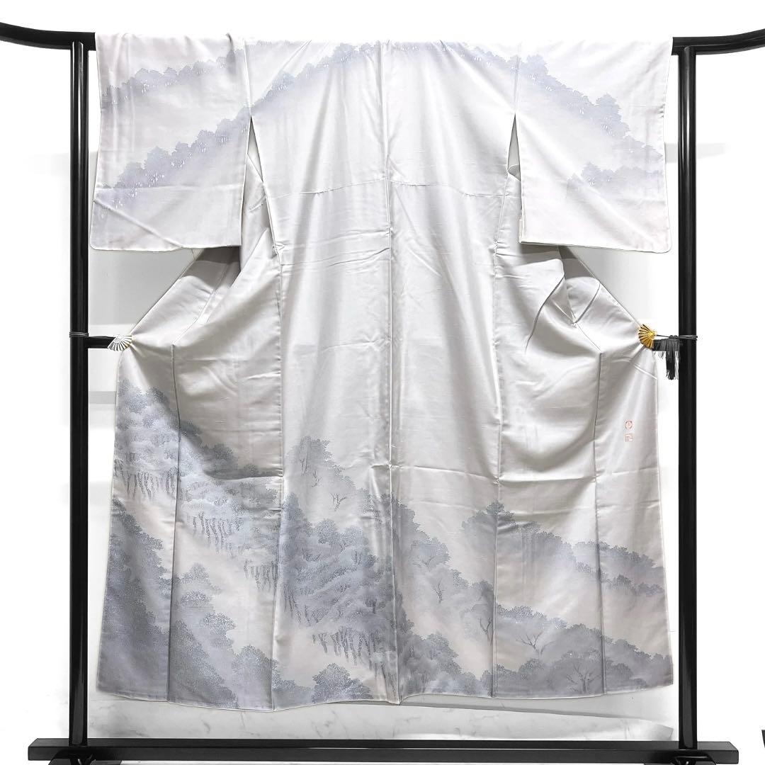 作家もの　付け下げ　牛首紬　木々文様　グレー　着物　023a d