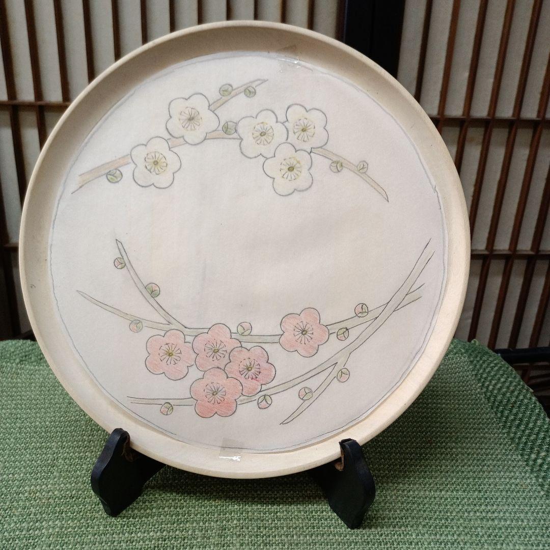 日光彫り8寸丸盆　紅梅白梅図　まるり様ご注文品です+ティッシュボックス　２点