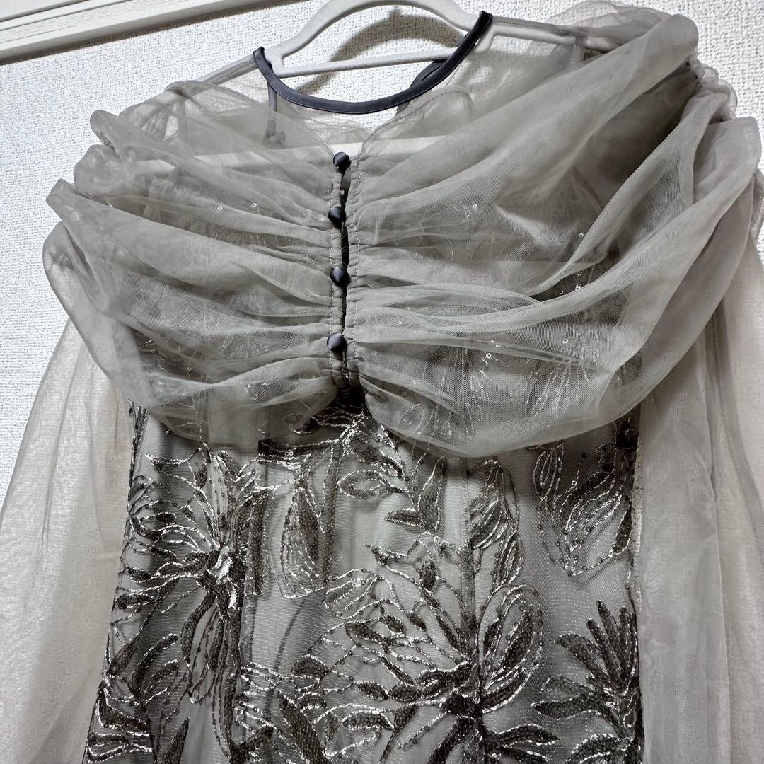 Leja チュールオフショルダー花柄Iライン 結婚式 お呼ばれ 刺繍 シアー